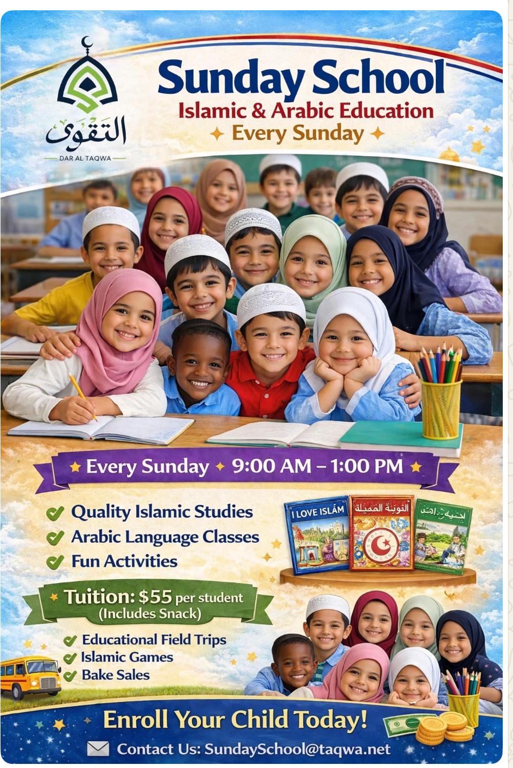 Sunday School flyer: Islamic and Arabic education every Sunday, 9:00 AM to 1:00 PM